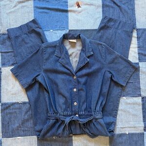 VTG 80s Saint Germain Paris Denim Jumpsuit collared relaxed fit tie waist size M